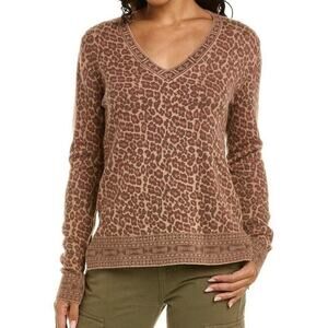 Johnny Was Rita V-Neck Pullover Sweater Cashmere Wool Leopard Brown Sz XS